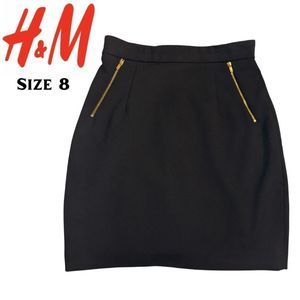 H&M Black Pencil Skirt with Functional Gold Zipper Pockets, Size 8